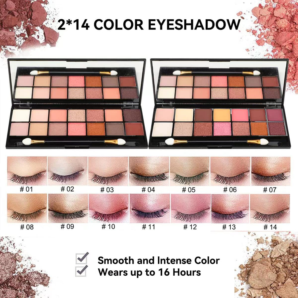KARUIZI palettes ombres a paupiere 2x14 couleurs, déclinaisons variées pour tous les looks