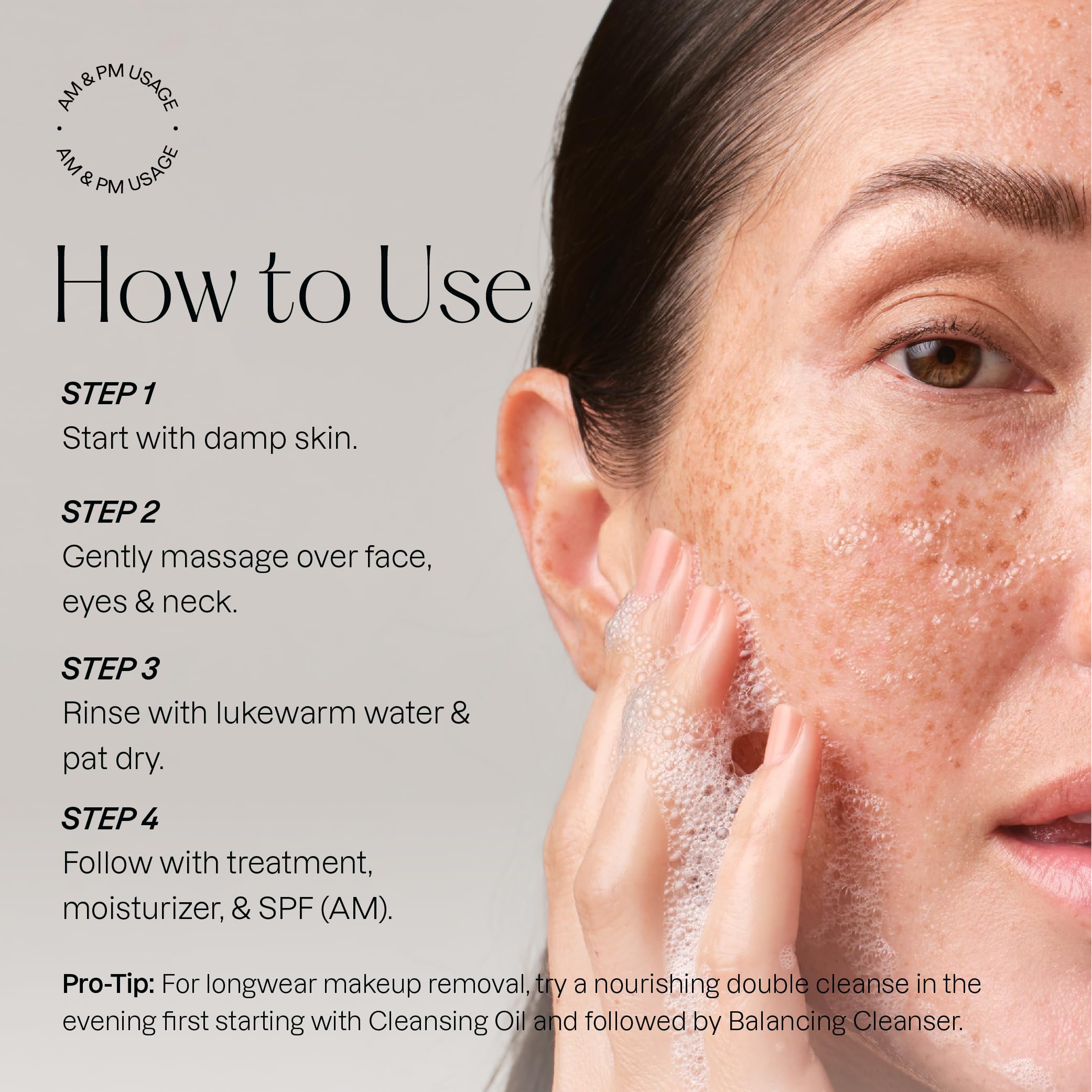 Karuna Balancing, première application sur peau humide, mousse qui se transforme en lait.