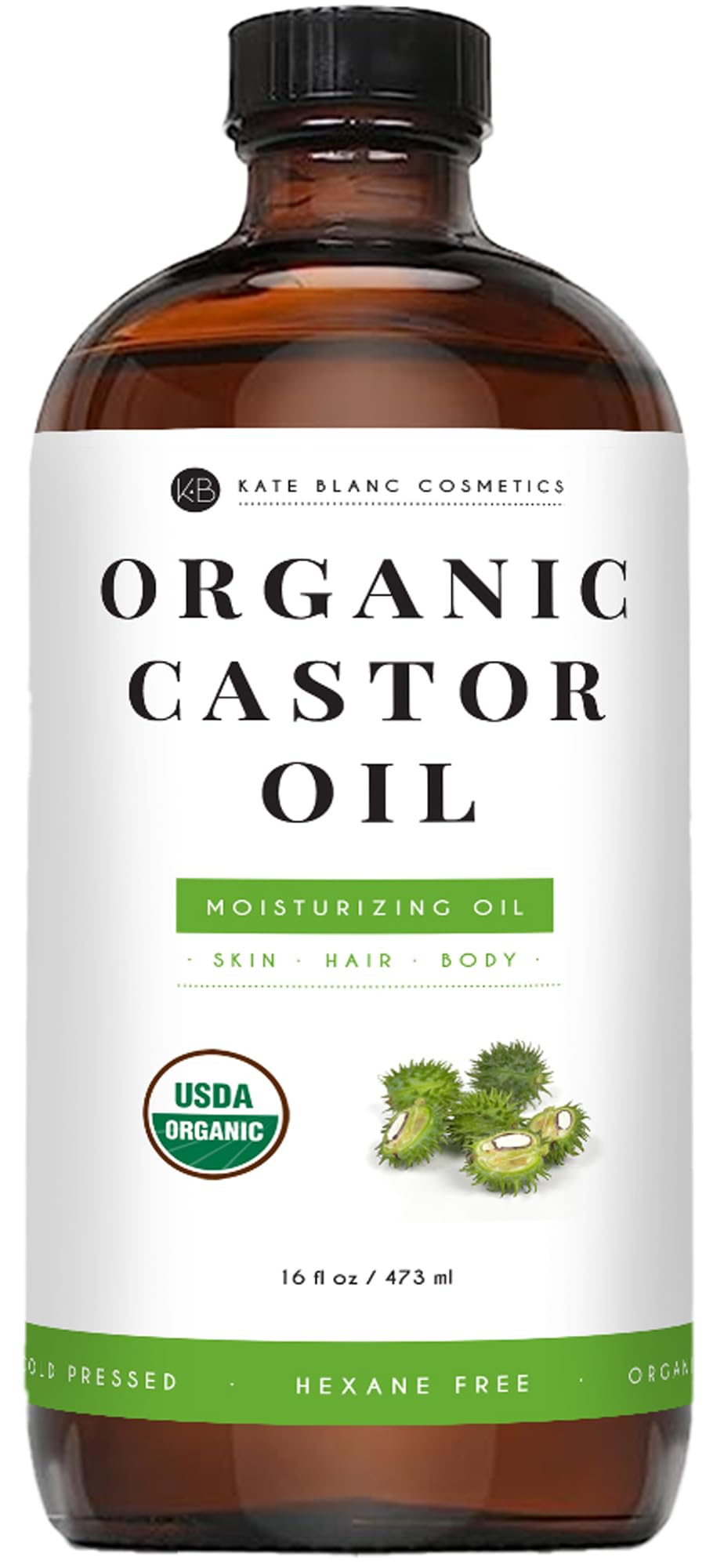 Kate Blanc Castor Oil glass bottle for pure hexane-free skincare and hair nourishment.