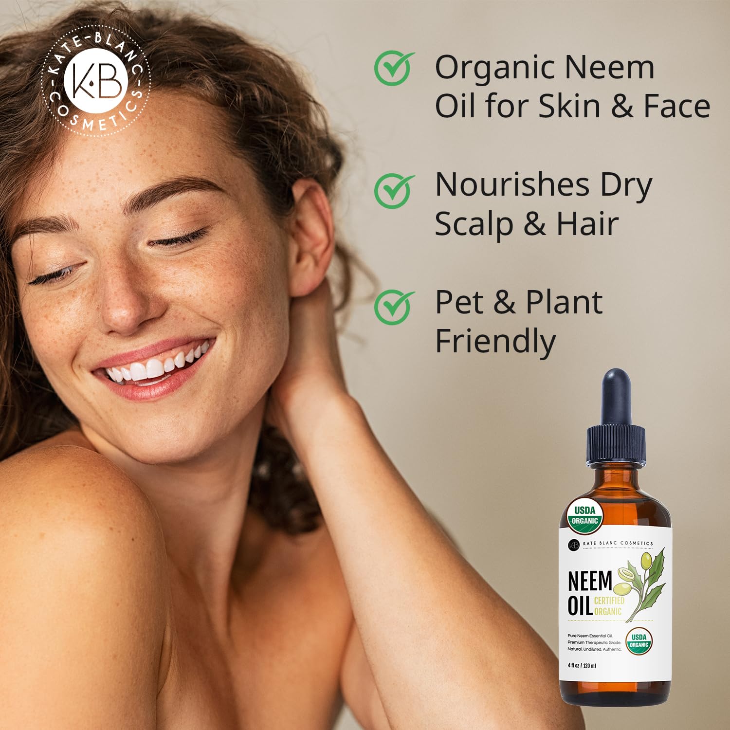 Étiquette certifiée bio USDA sur la bouteille Kate Blanc Neem.