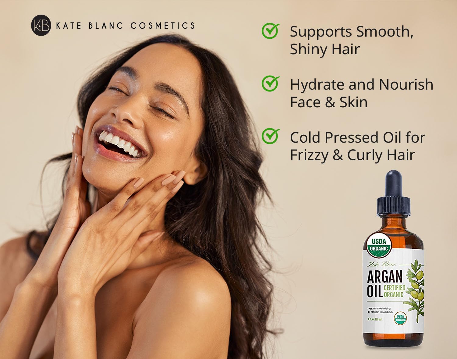 Huile d'argan Kate Blanc pour visage, hydratation en profondeur.