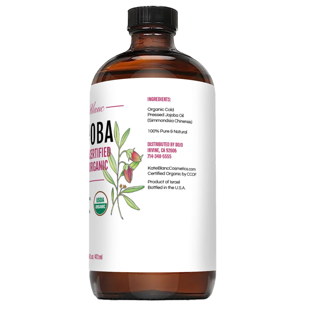 Flacon ambré préservant la pureté, Kate Blanc Cosmetics huile jojoba bio sans additifs.