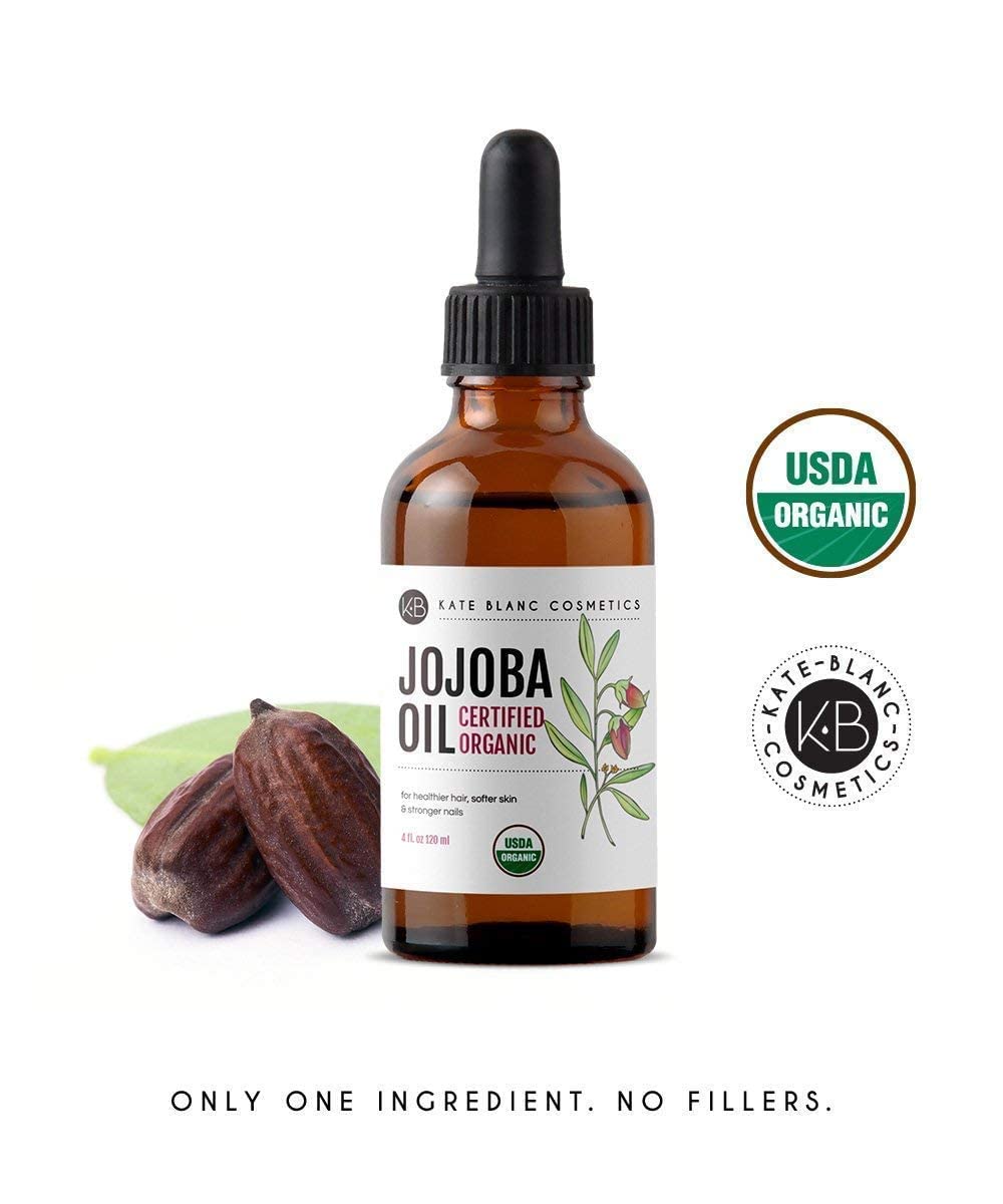 Huile biologique Kate Blanc Jojoba, certifiée biologique et sans additifs.
