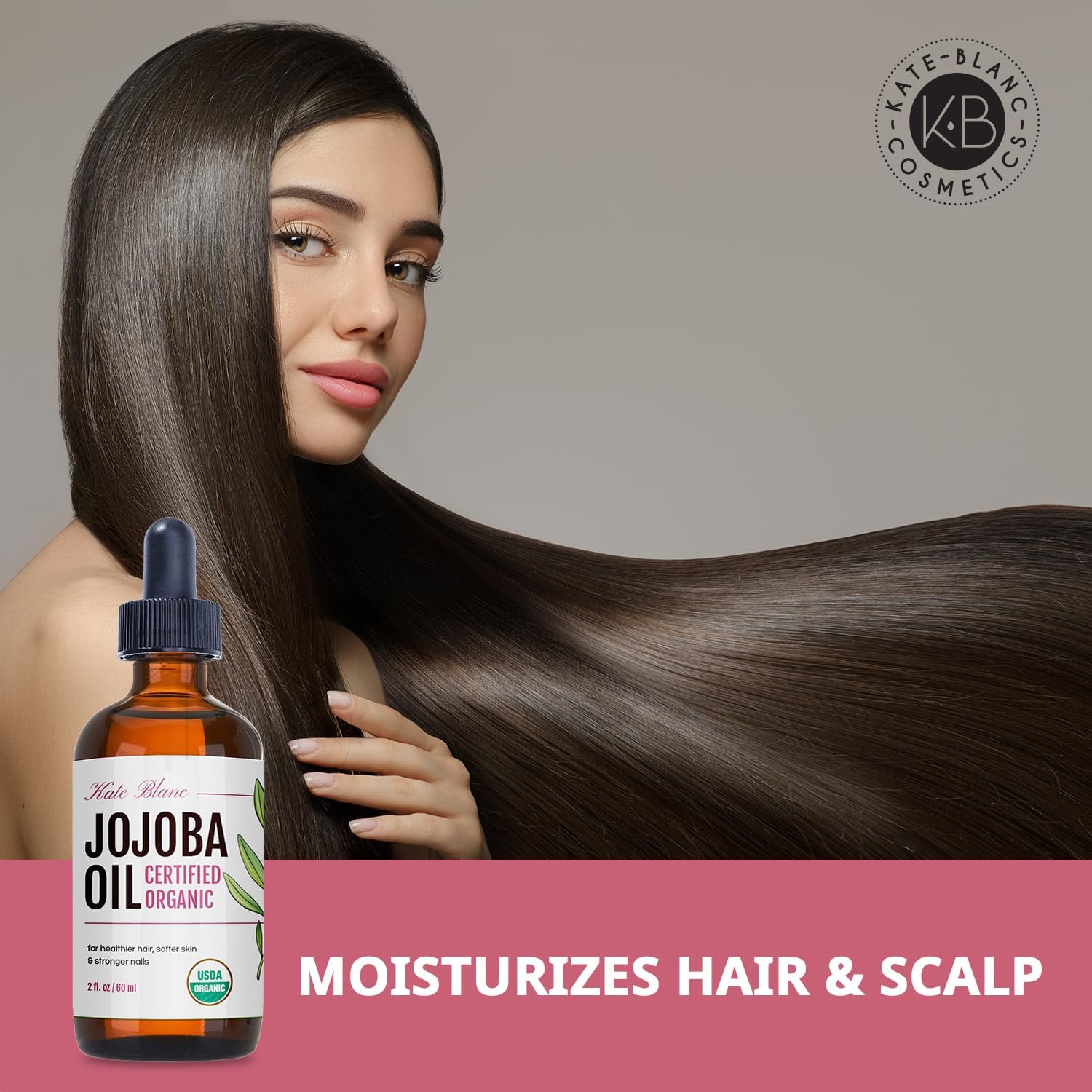 Huile corporelle de jojoba Kate Blanc pour peau douce et hydratée.