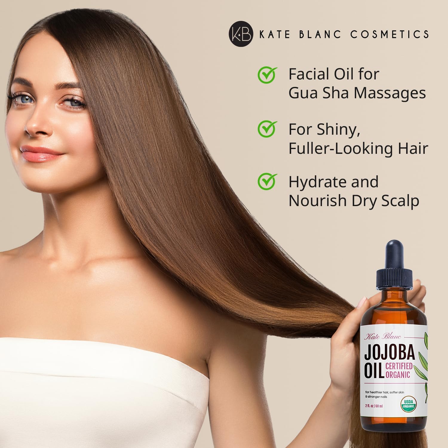 Huile de jojoba Kate Blanc pour le visage, absorption rapide et hydratation légère.