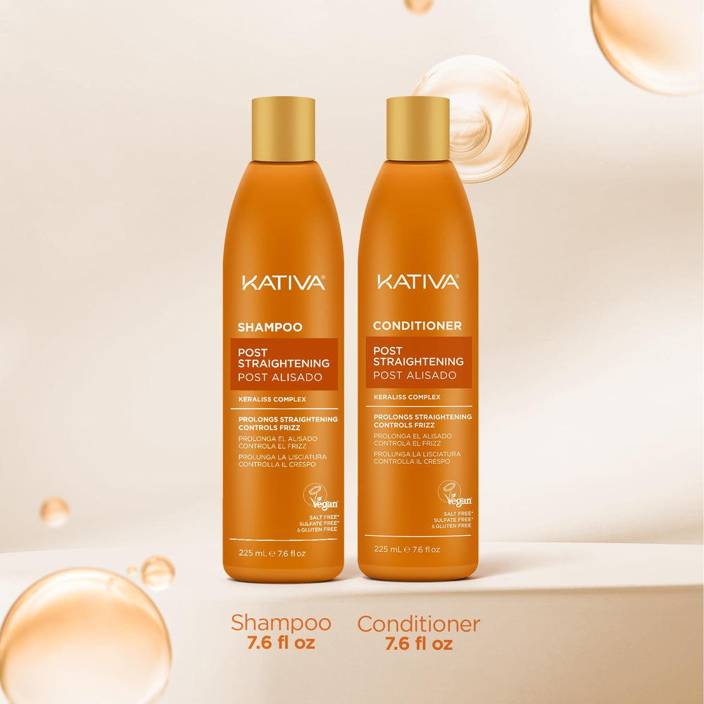 KATIVA Après-shampoing post-keratine sans sel, flacon facilitant le démêlage.