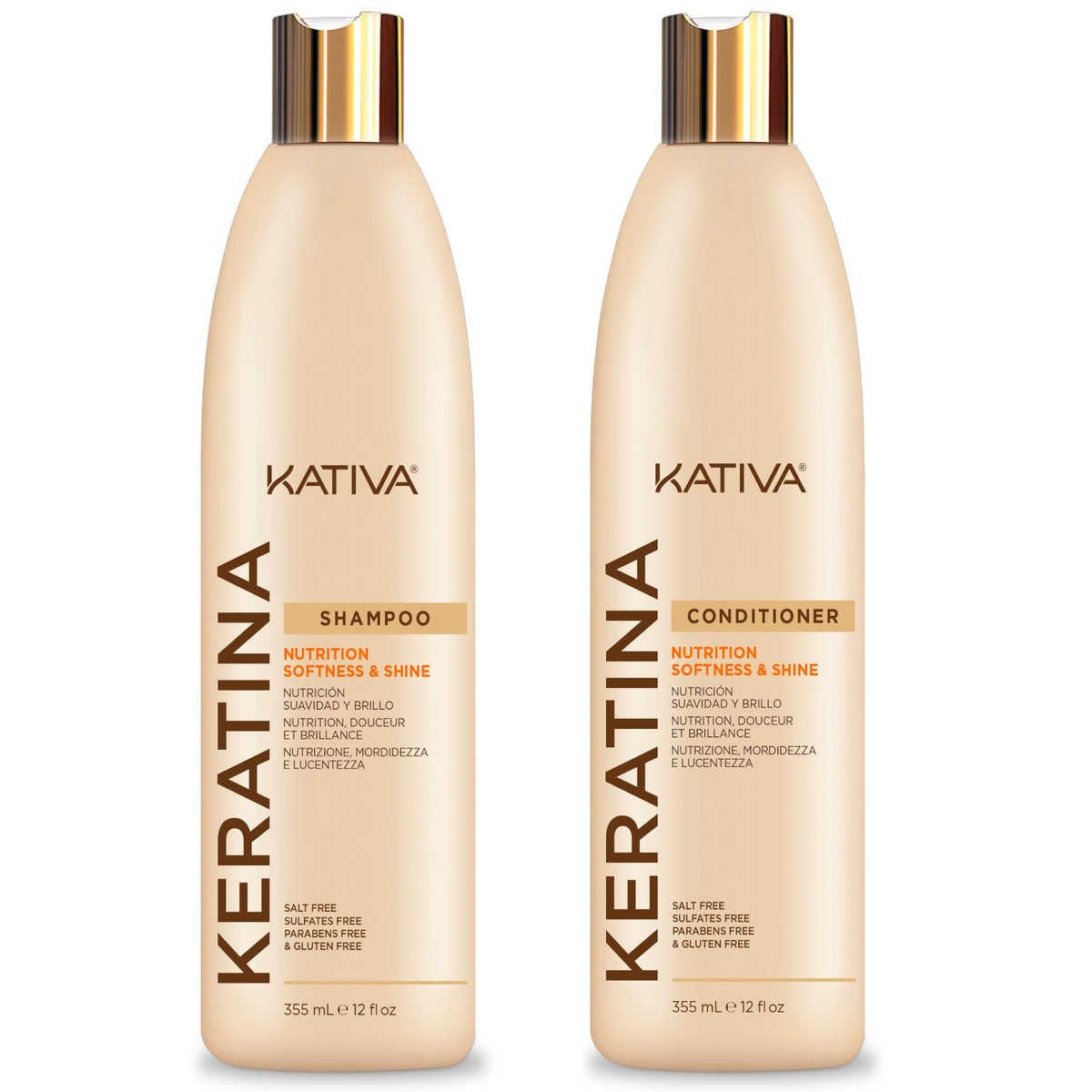 Pack KATIVA Keratine: shampoing et après-shampoing nourrissants pour cheveux brillants.