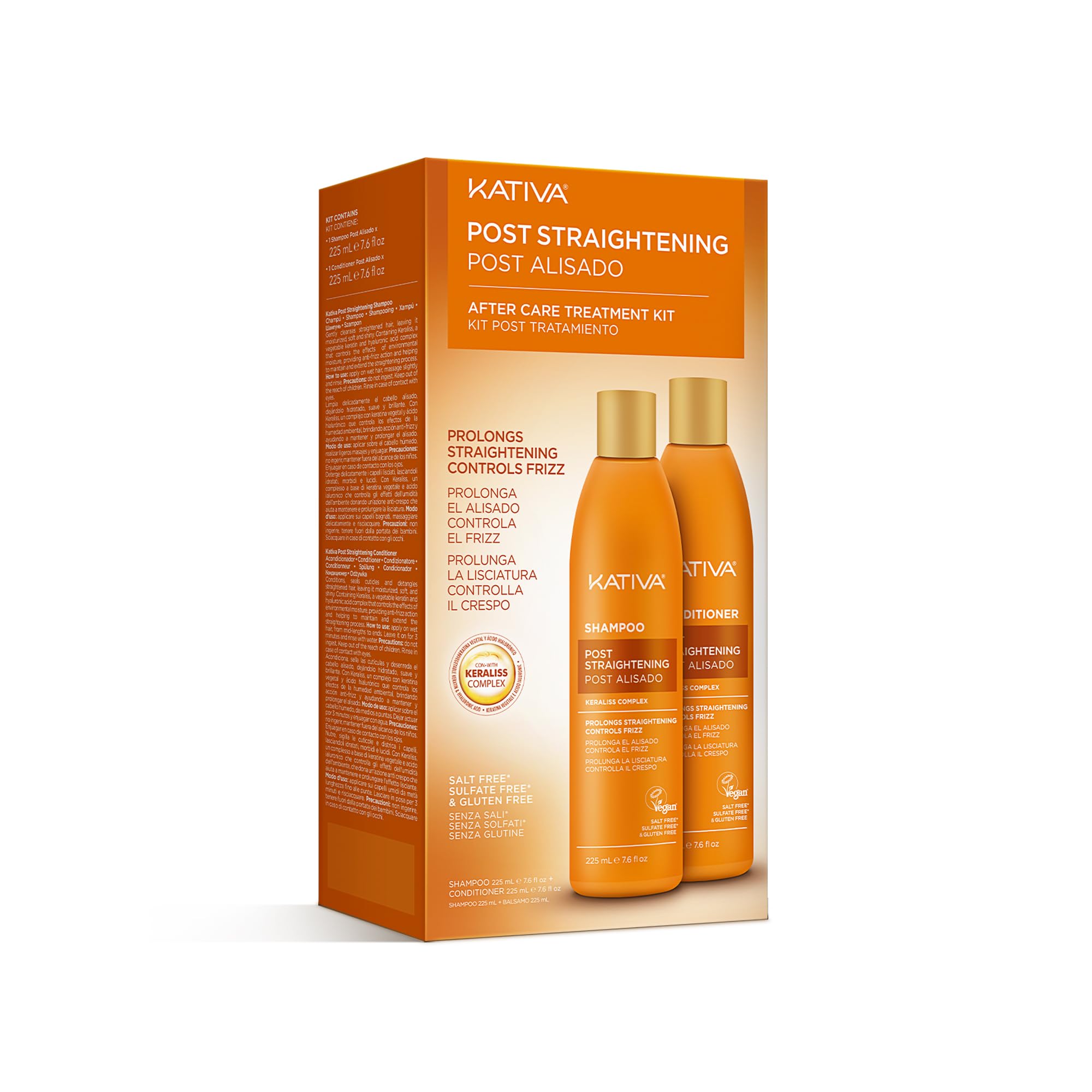 KATIVA Shampoing post-keratine sans sel, bouteille prête pour cheveux lisses et soignés.