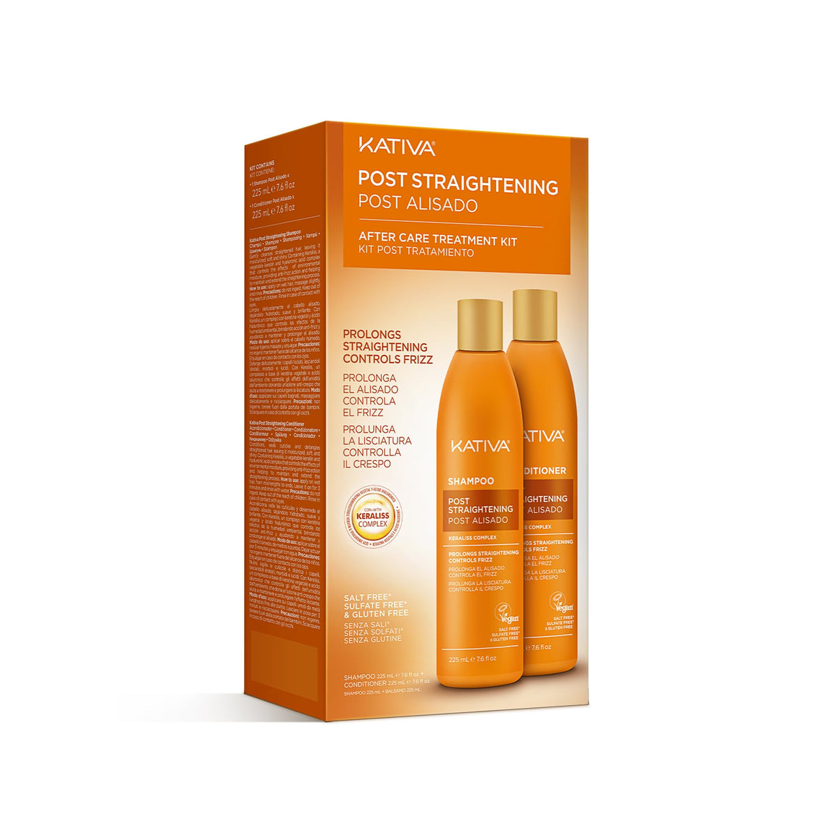 KATIVA Shampoing post-keratine sans sel, bouteille prête pour cheveux lisses et soignés.