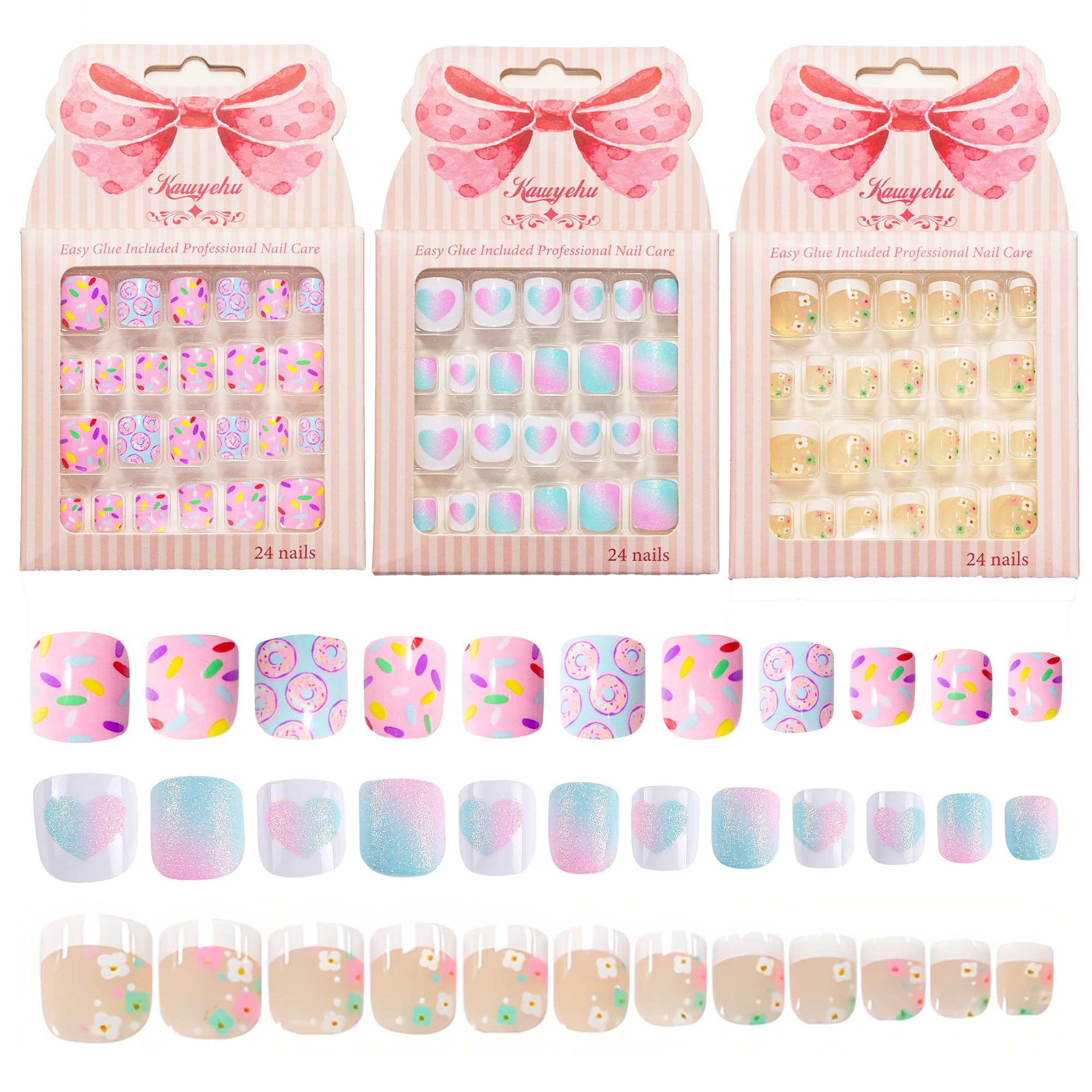 Kawyehu ensemble d'ongles à poser pour enfants, 72 pièces, idéal pour des décorations festives.