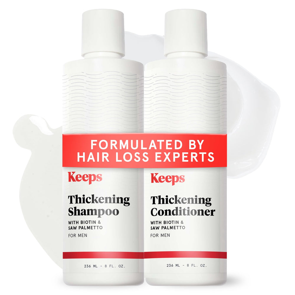 Keeps Shampoing épaississant – bouteille affichée, cheveux visiblement plus épais après l'utilisation