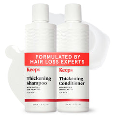Keeps Shampoing épaississant – bouteille affichée, cheveux visiblement plus épais après l'utilisation
