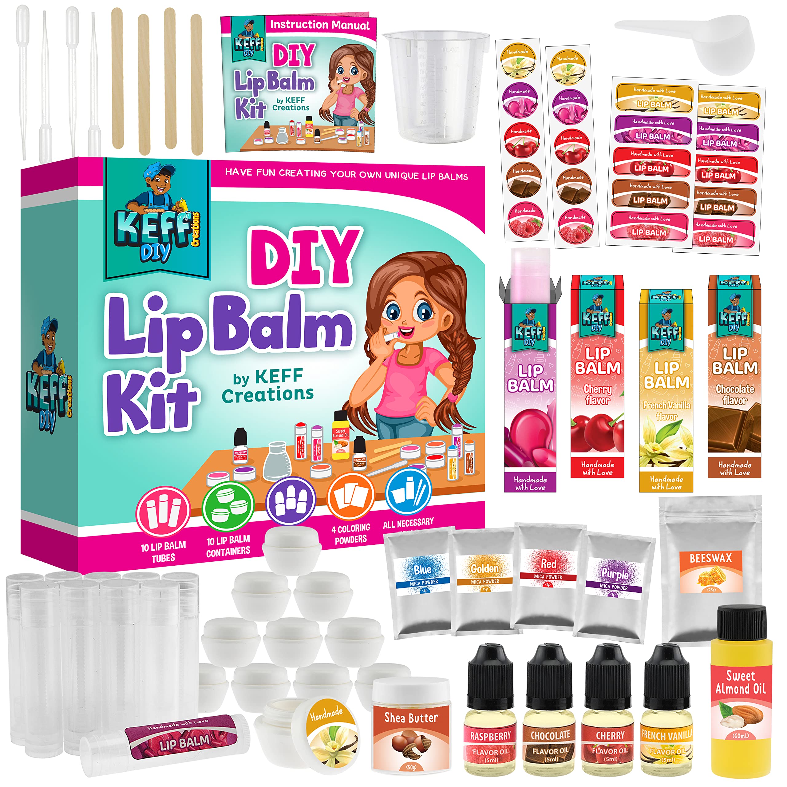 Keff-kit-baume-levres-51-pcs est un kit tout-en-un pour fabriquer des baumes hydratants pour lèvres.