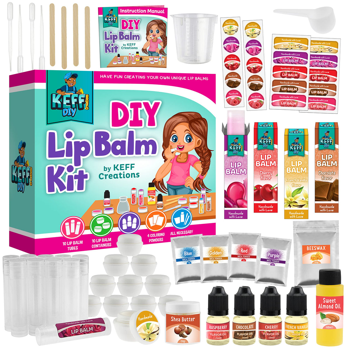 Keff-kit-baume-levres-51-pcs est un kit tout-en-un pour fabriquer des baumes hydratants pour lèvres.