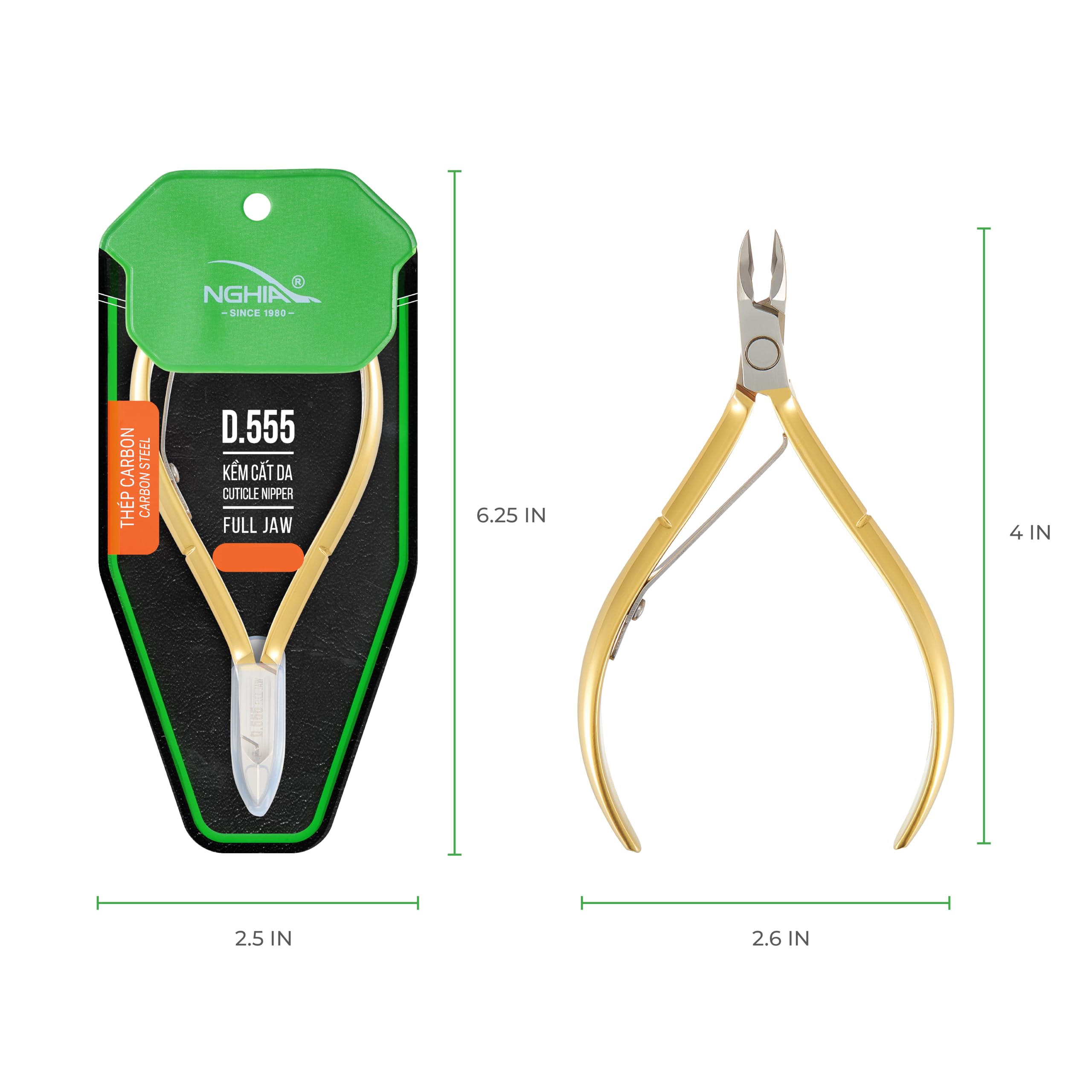 Pince-cuticule Kem Nghia D-555 en acier dur et dorée, outil fiable pour couper en douceur.