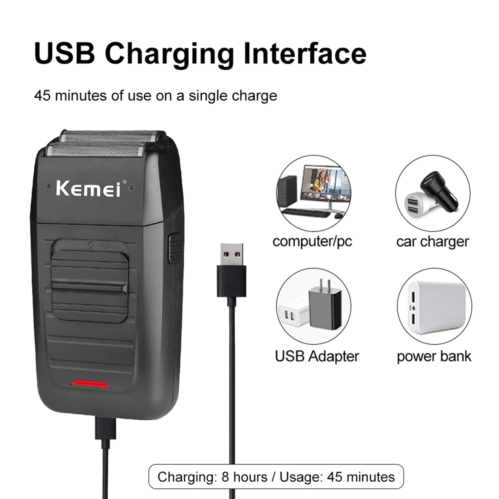 KEMEI recharge-usb portable pour recharge rapide en voyage.