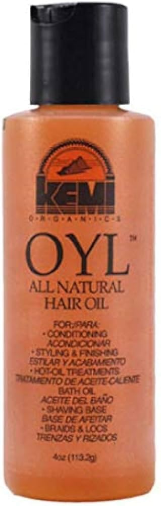 Kemi OYL all natural hair oil bottle for styling and conditioning.