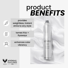 Kenra Shine Spray — contrôle des frisottis en humidité pour un fini lisse.