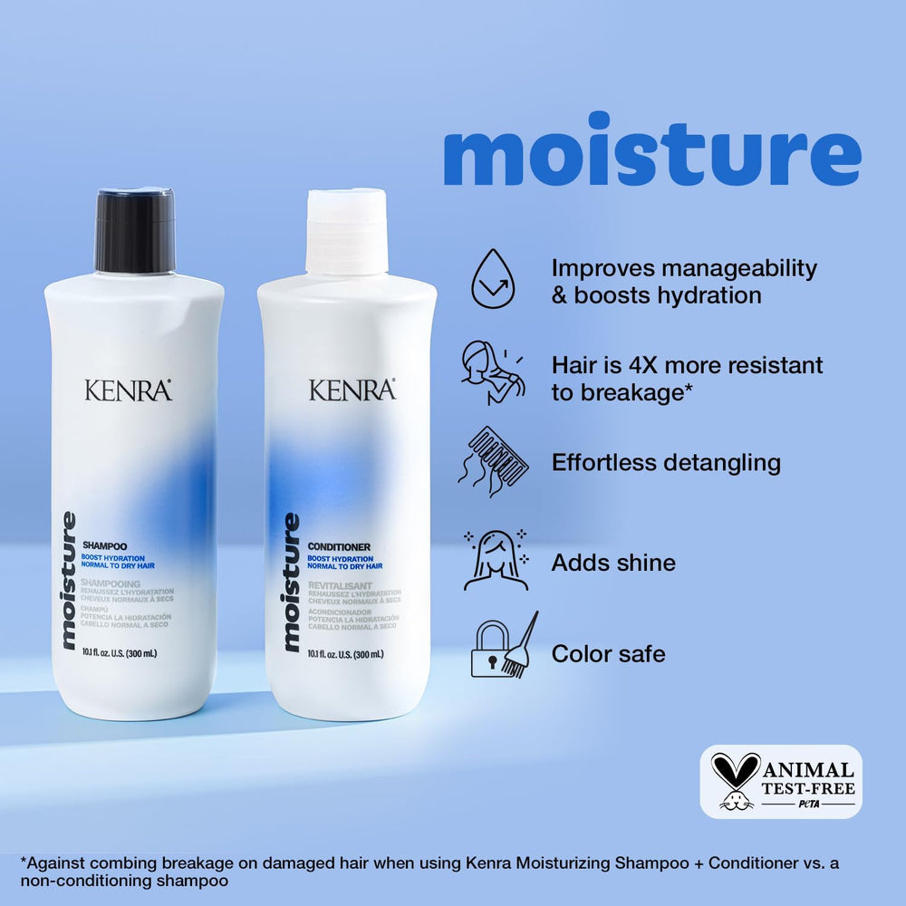 Kenra Moisture Conditioner : flacon démontrant démêlage facile et douceur.
