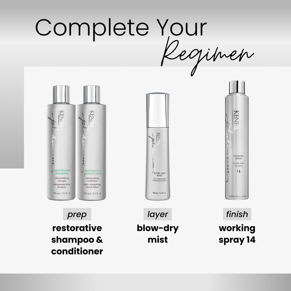 Kenra Platinum Blow-Dry Mist apporte brillance douce et résultats durables.