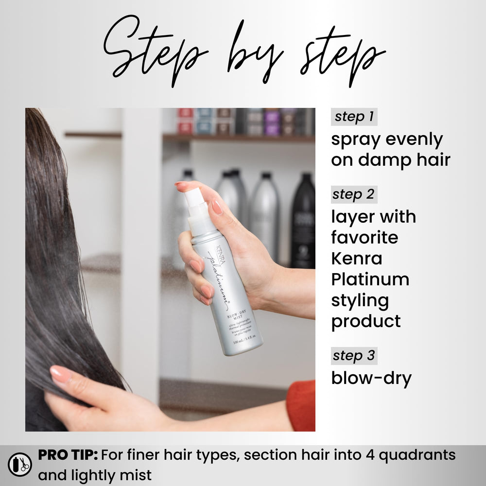 Kenra Platinum Blow-Dry Mist sur cheveux fins, démêlage fluide et brillance légère.