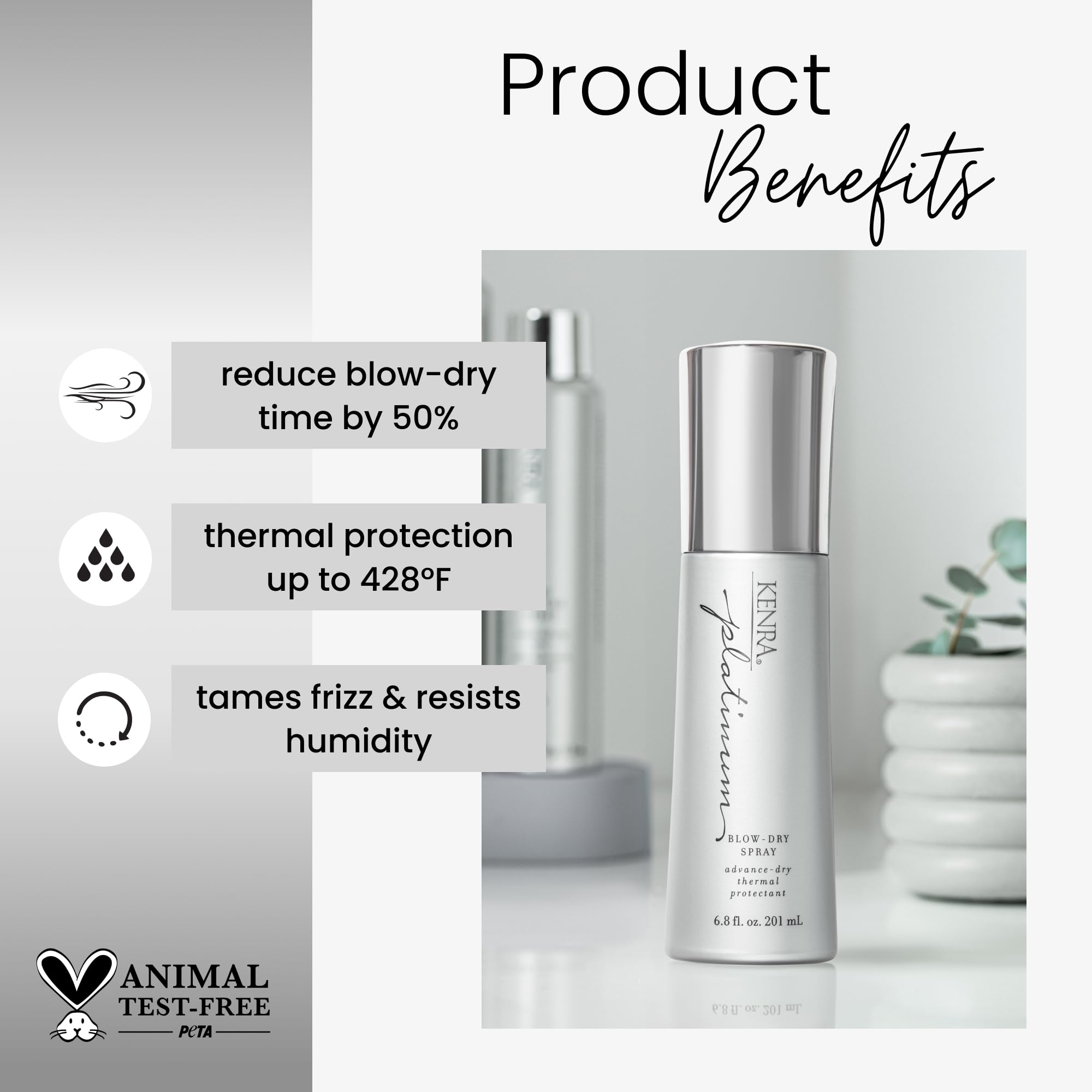 Duo Kenra Platinum Blow-Dry Spray, emballage duo pratique pour routines quotidiennes.