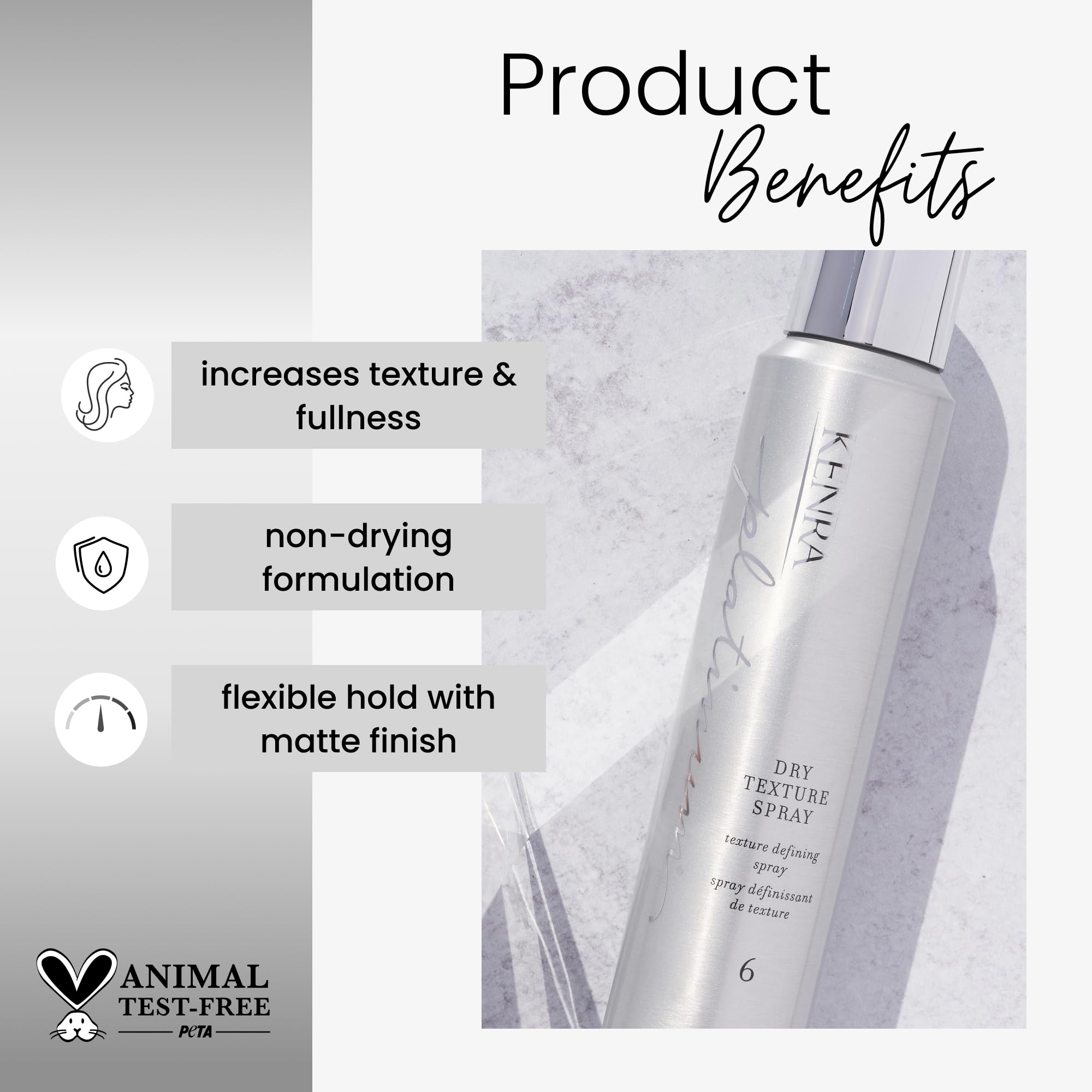Kenra Platinum Dry Texture Spray — atomiseur en gros plan, application légère et rapide.