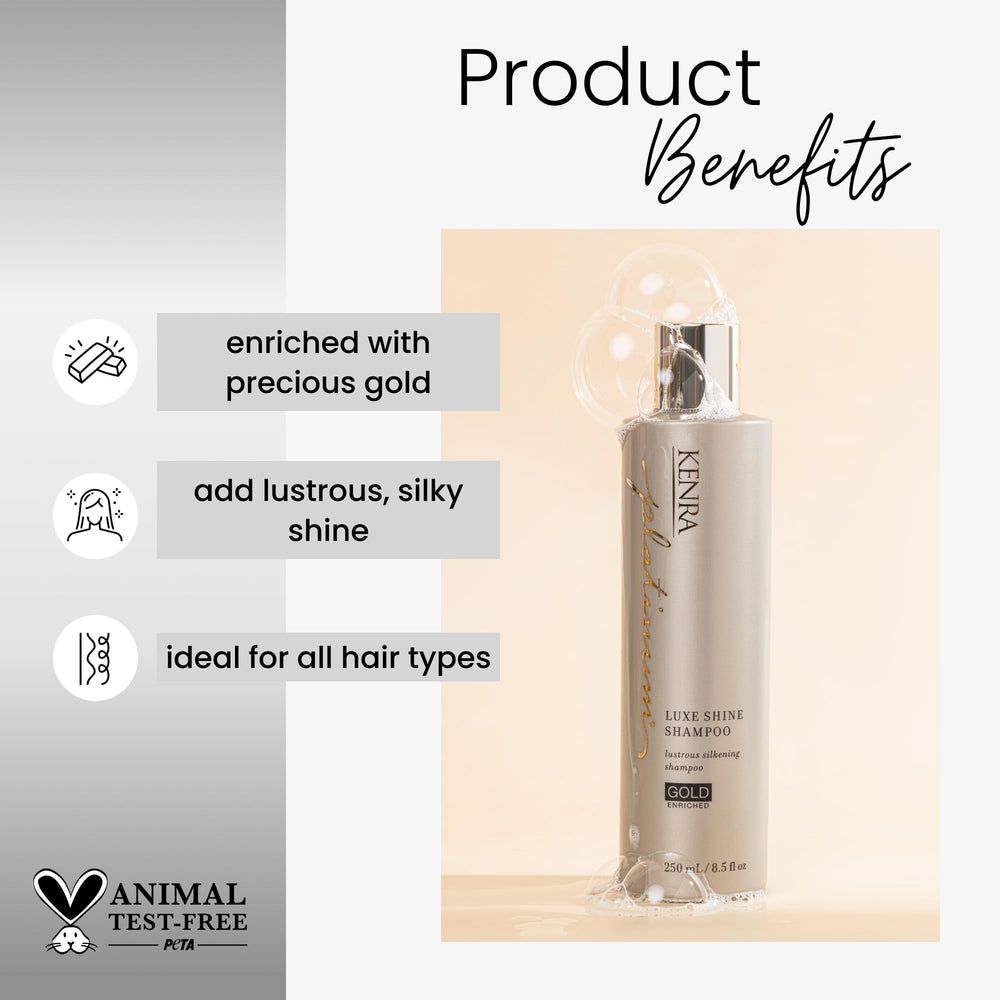 Kenra Luxe Shine Conditionneur sur bouteille dorée, cheveux plus lisses et démêlés faciles.