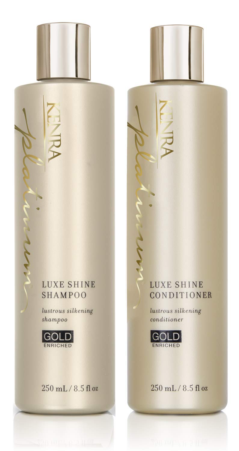 Kenra Platinum Luxe Shine Shampoo sur bouteille dorée, éclat luxueux quotidien.