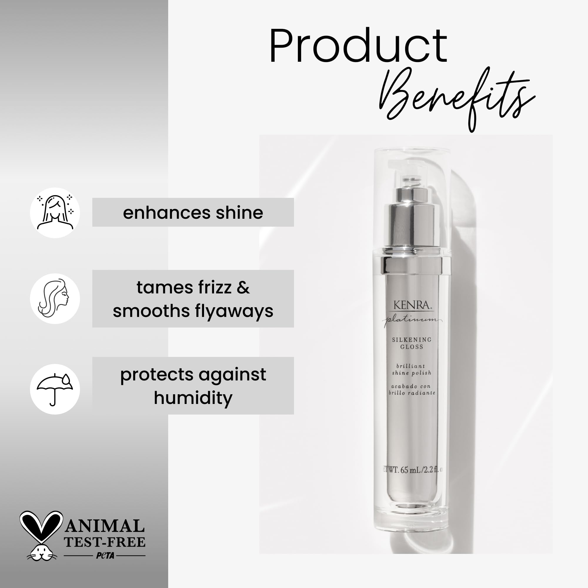 Kenra Platinum Silkening Gloss – bouteille centrale en gros plan, brillance naturelle