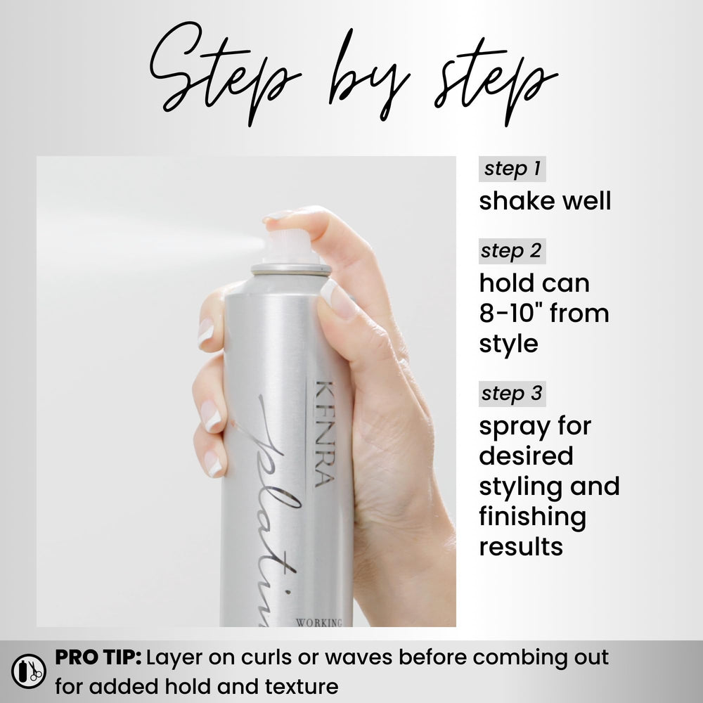 Kenra Platinum Working Spray ajoute volume et texture de manière naturelle.