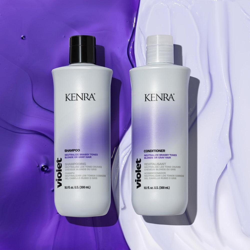 Kenra Violet Shampoo gros plan sur pigment violet et brillant effet.