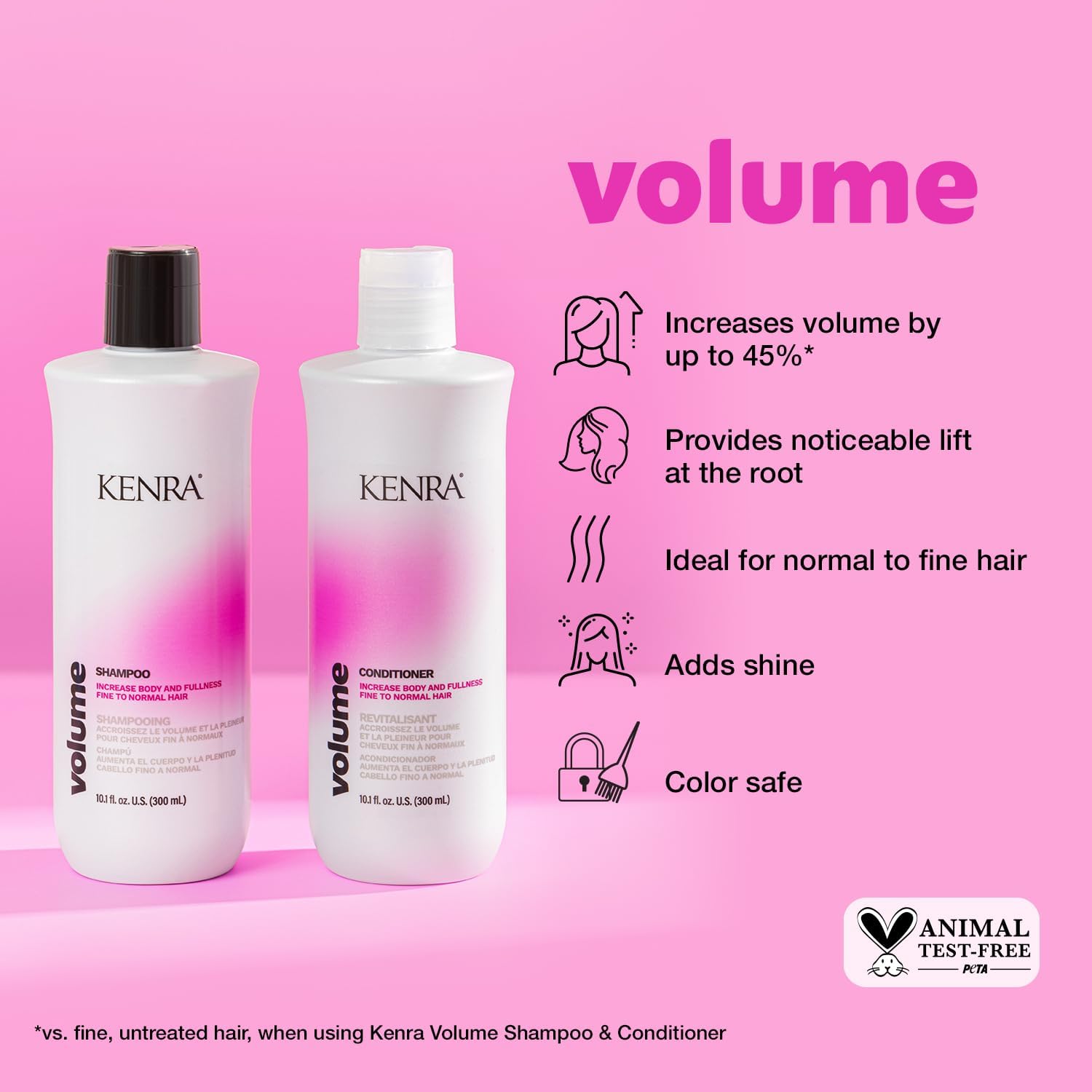 Après-shampooing Kenra Volume en flacon, démêle et hydrate sans alourdir.