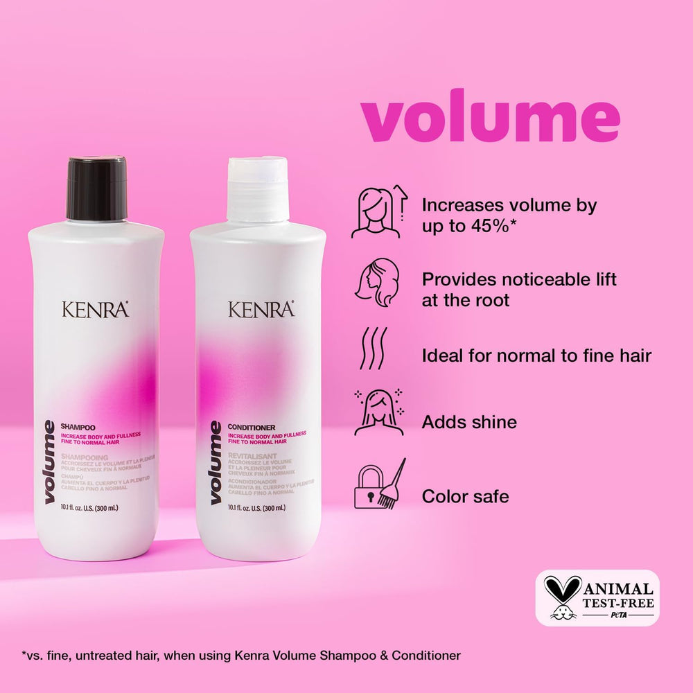 Après-shampooing Kenra Volume en flacon, démêle et hydrate sans alourdir.