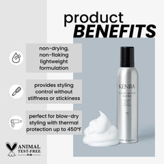 Kenra Volume Mousse Extra 17: prise en main facile pour un coiffage précis et durable.
