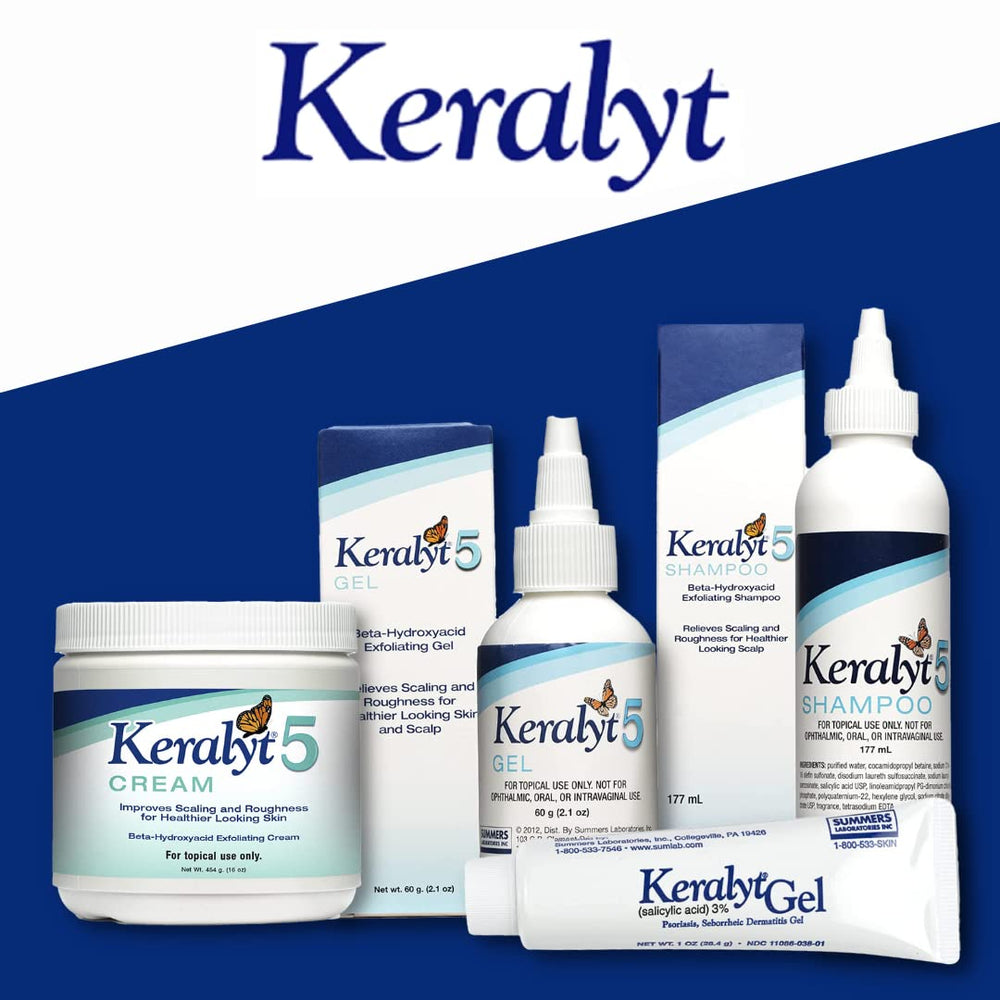 Étiquette Keralyt 5 – contient 5% d’acide salicylique pour exfolier en douceur.