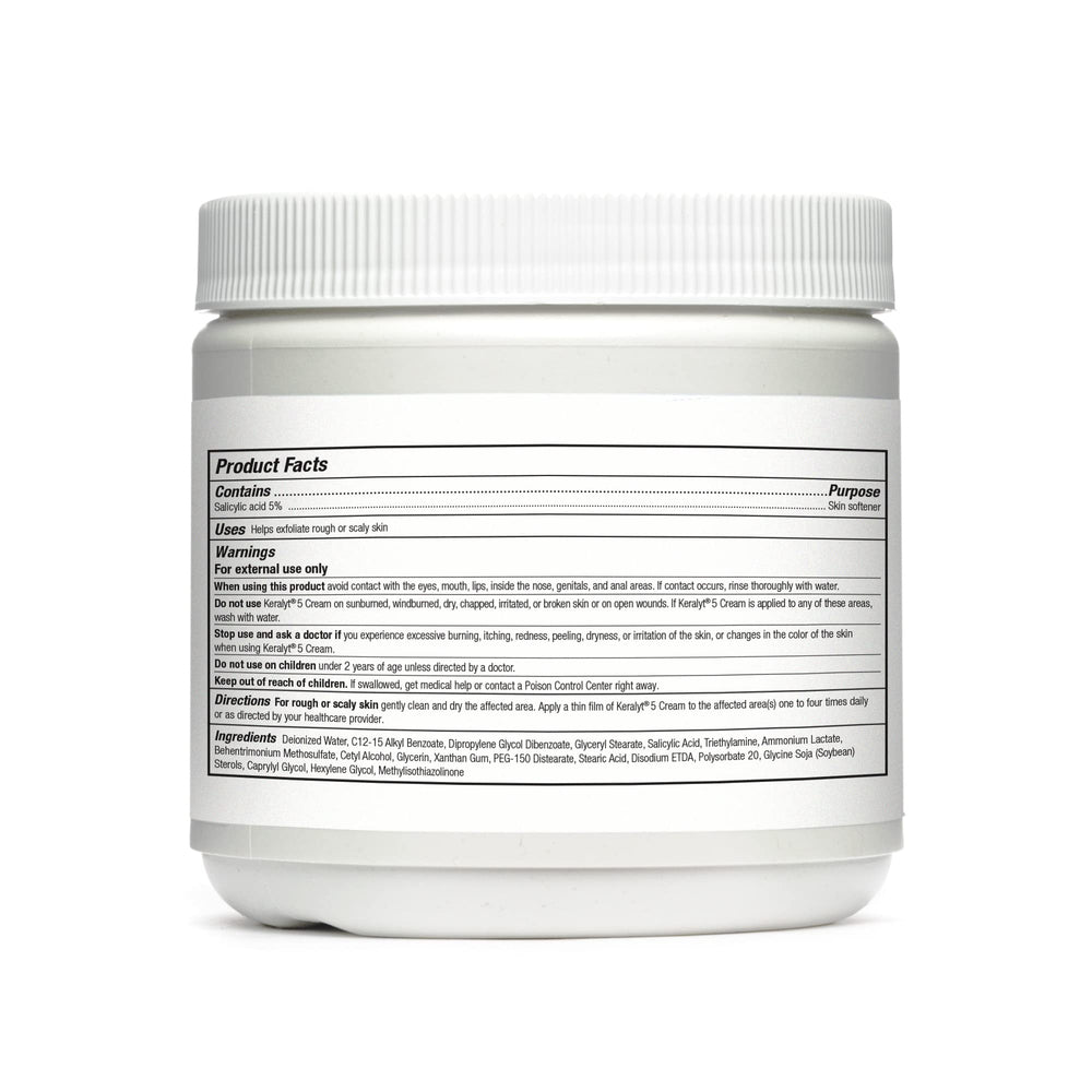 Flacon Keralyt 5 – crème exfoliante prête à apaiser les zones sèches.