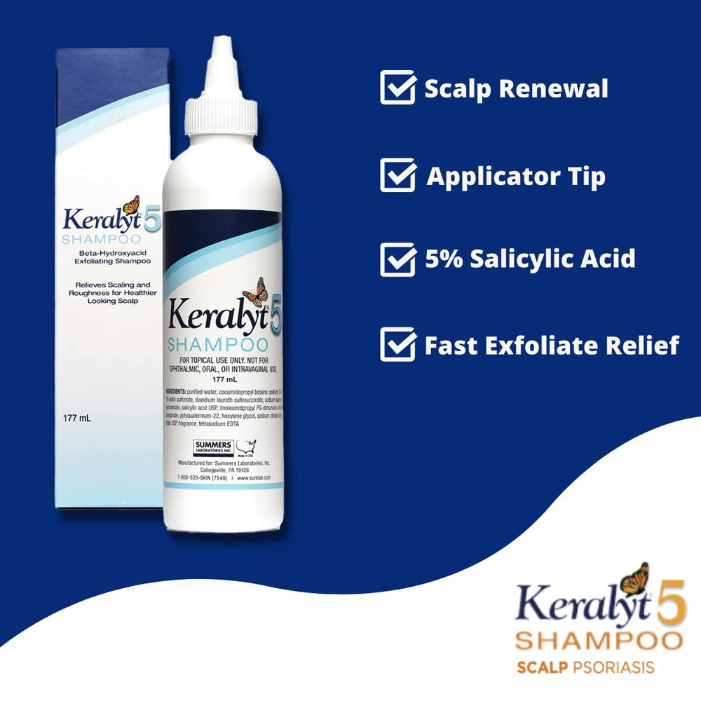 Keralyt 5 Shampoing, bouteille dos, emballage clair aidant à repérer les bénéfices.