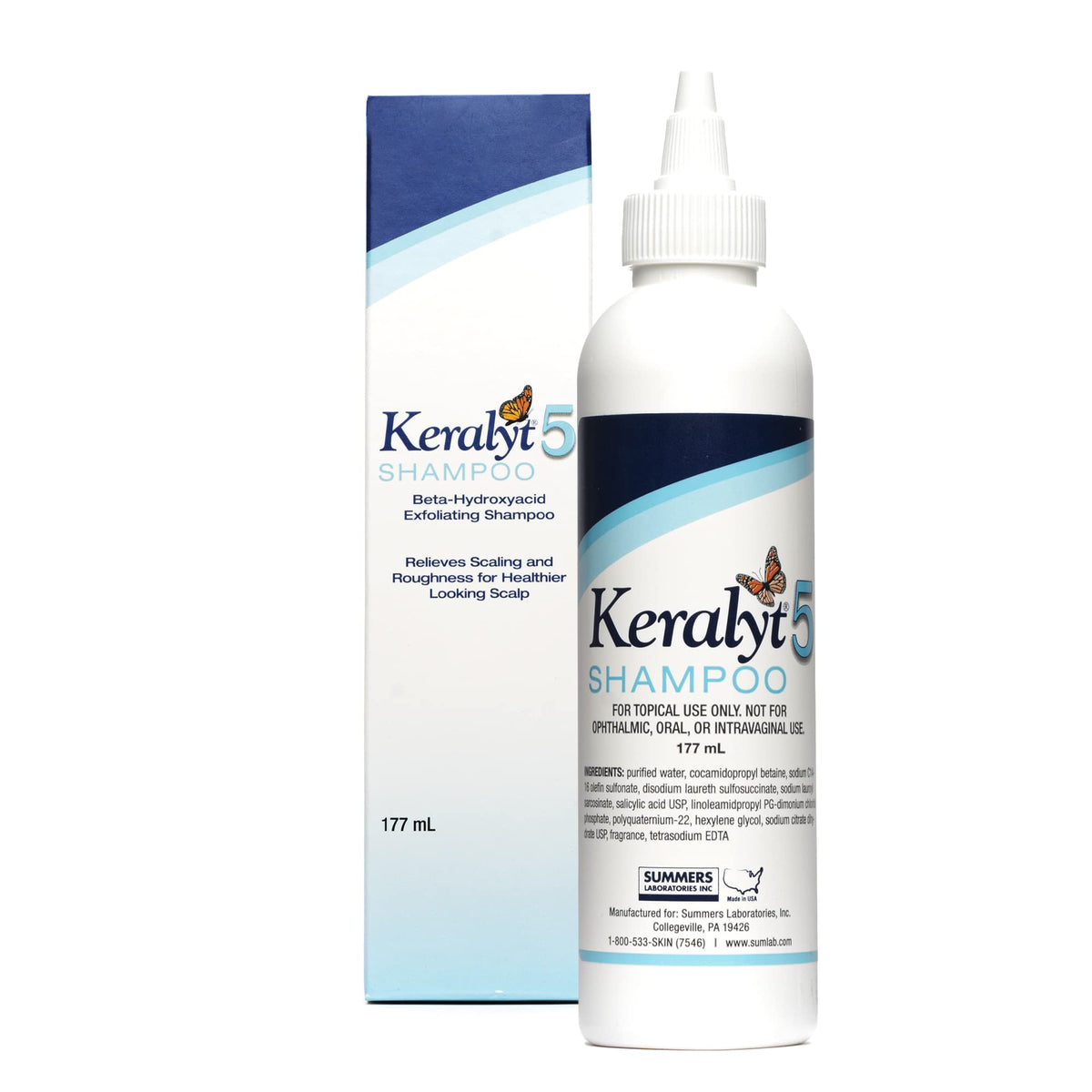 Keralyt 5 Shampoing, bouteille recto, soutien potentiel contre les démangeaisons du cuir chevelu.