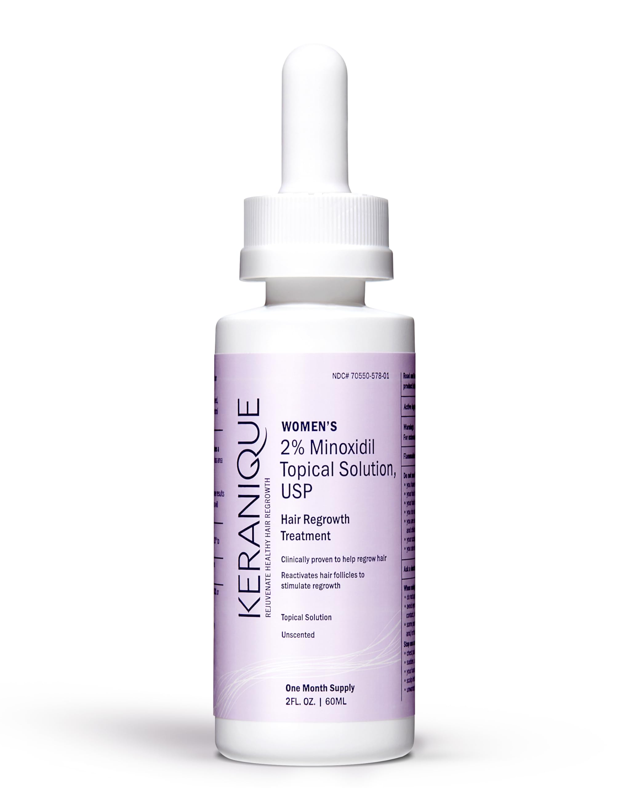 Keranique: bouteille avec pipette Minoxidil 2% prête pour l'application ciblée sur le cuir chevelu, favorisant une repousse potentielle.