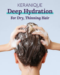 Après-shampoing hydratant Keranique en bouteille, démêlage facilité.