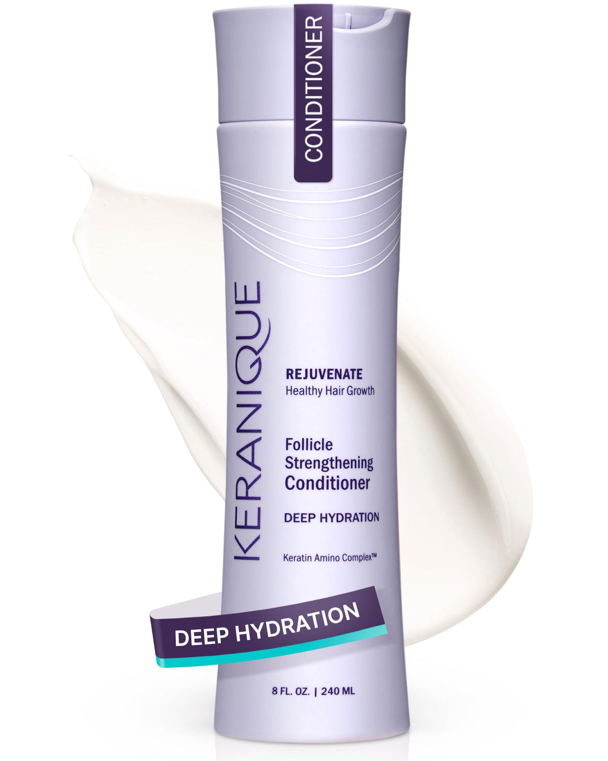 Keranique Keratine – flacon d’un conditionneur hydratant pour cheveux fins et volumineux.