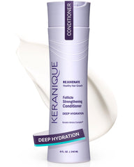 Keranique Keratine – flacon d’un conditionneur hydratant pour cheveux fins et volumineux.
