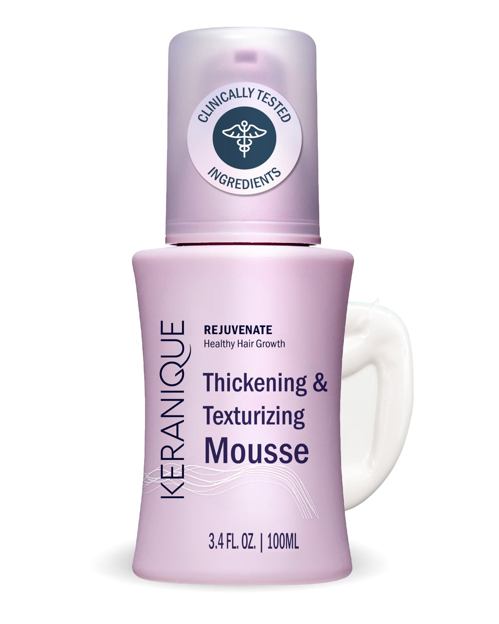 Keranique Mousse Volumisante : bouteille en gros plan montrant le volume durable.