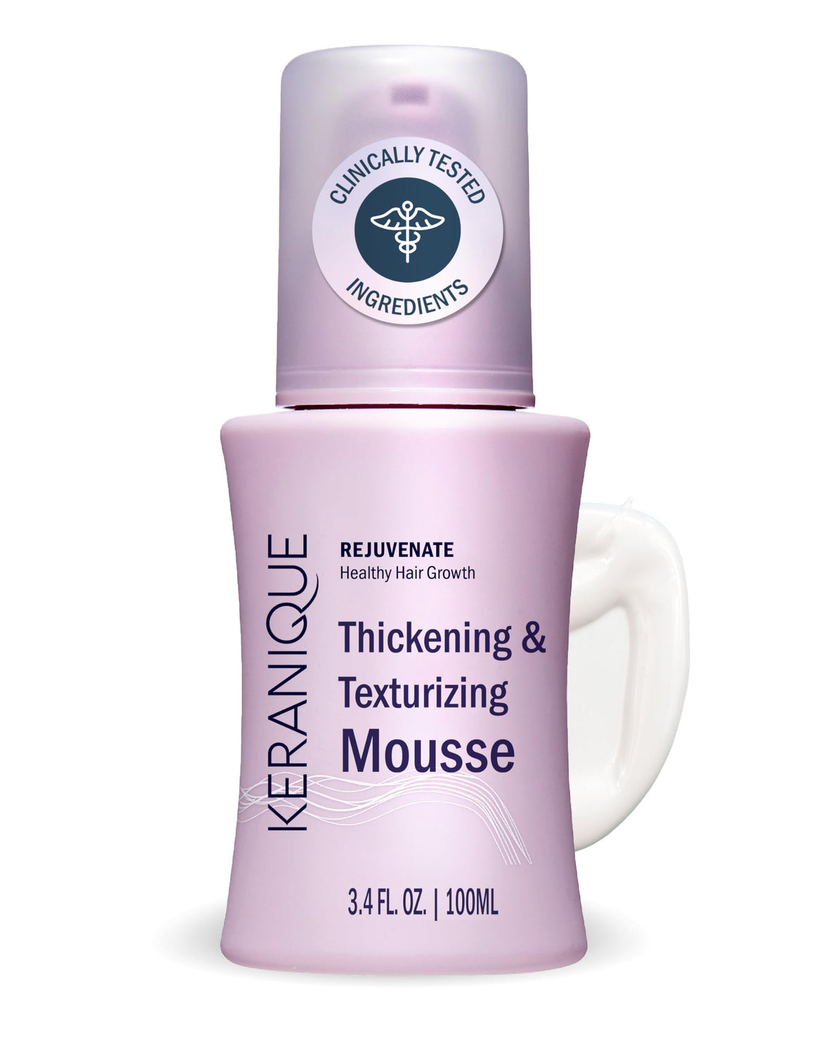 Keranique Mousse Volumisante : bouteille en gros plan montrant le volume durable.