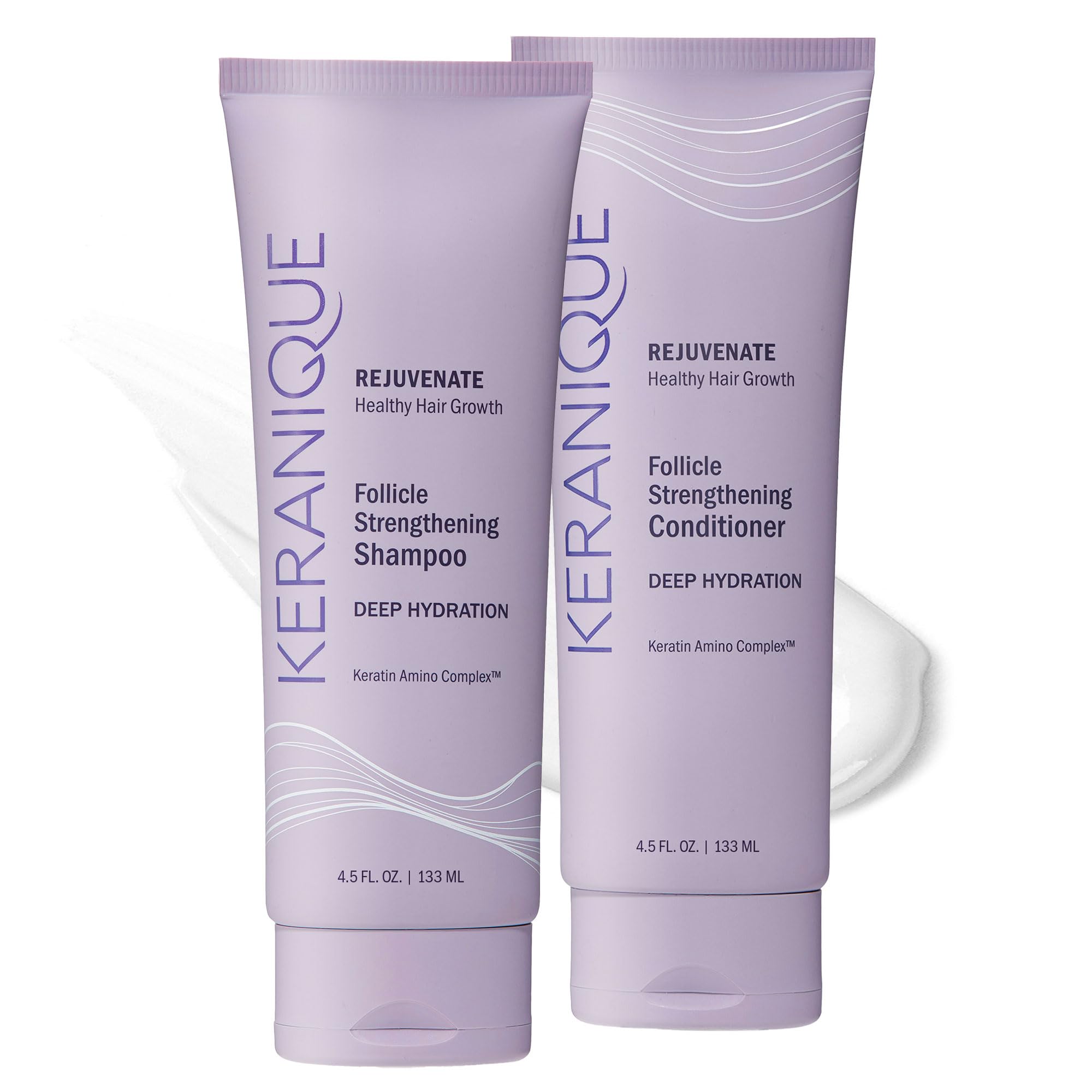 Shampooing hydratant Keranique en bouteille, hydratation profonde pour cheveux secs.
