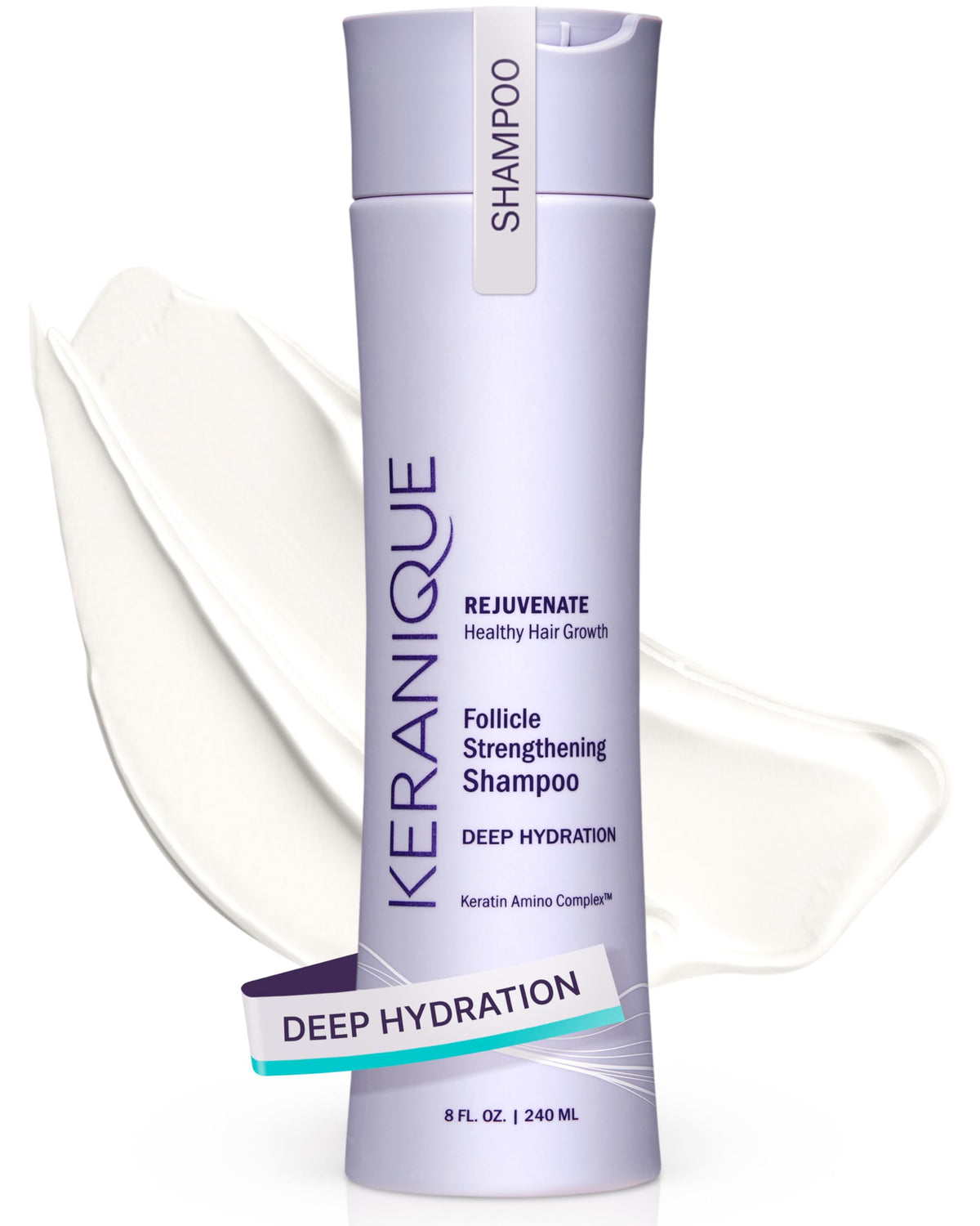 Keranique Shampoing Hydratation Profonde, flacon, revitalise le cuir chevelu sec et densifie les cheveux