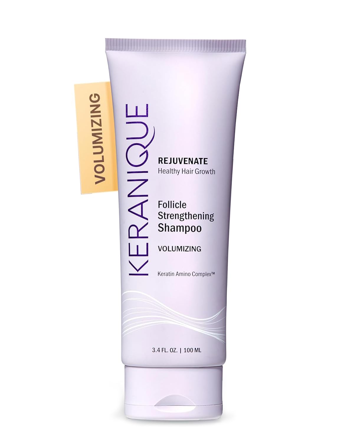 Keranique shampooing volumisant : bouteille montrant une texture légère pour cheveux fins.