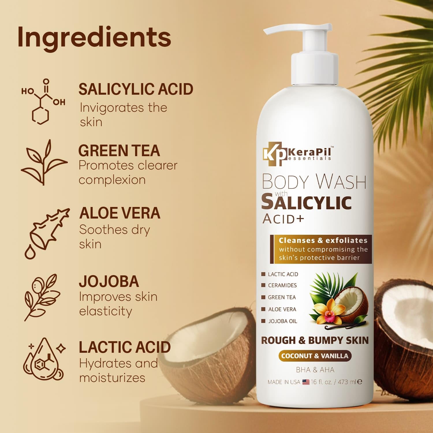 KERAPIL douche corps acide lactique: exfoliant ciblé sans dessèchement.