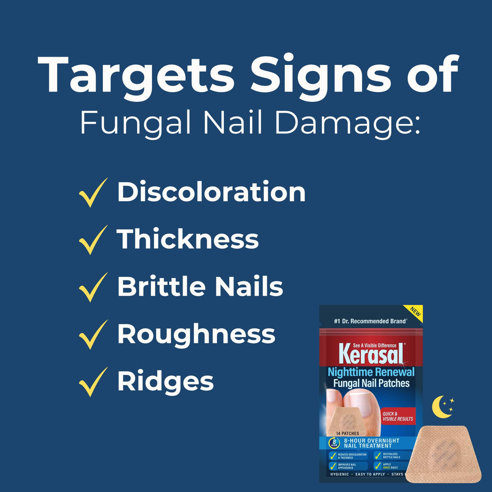 Kerasal Nighttime Renewal Patches applied on toenail for discreet overnight treatment